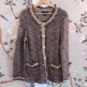 St. John eyelash knit tweed cardigan jacket, 14, blazer, brown